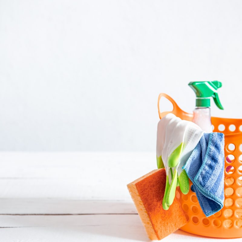 Home cleaning and cleaning basket copy space.